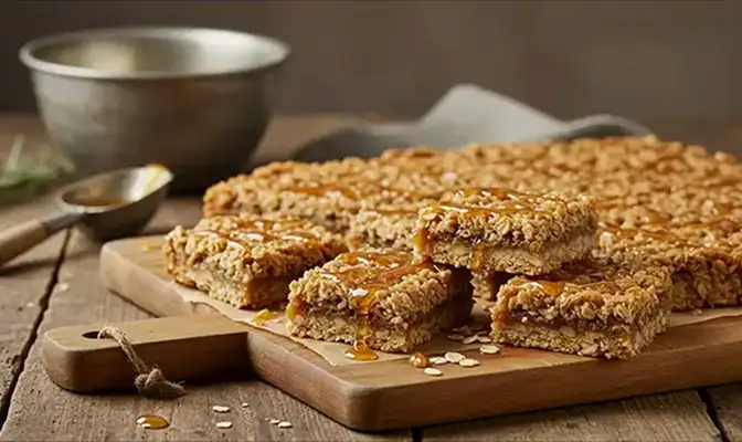 Mouth watering Anzac Slice baked following Mojo's Anzac slice recipe, featuring golden, crumbly oat bars drizzled with caramel. They are beautifully arranged on a rustic wooden board, ready to be enjoyed
