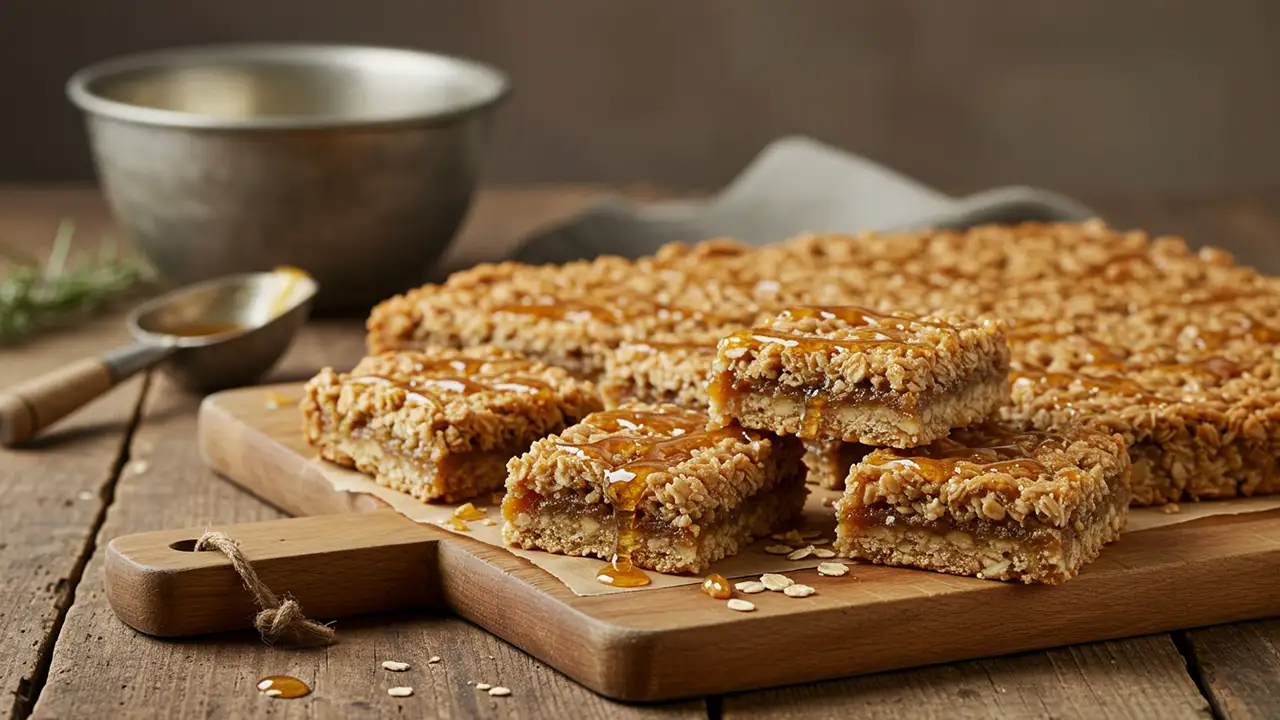 This image displays a tempting Anzac slice recipe, featuring golden, crumbly oat bars drizzled with caramel. They are beautifully arranged on a rustic wooden board, ready to be enjoyed