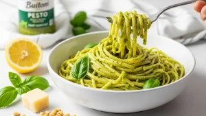 A bright, landscape shot of a white bowl filled with linguine pasta coated in vibrant green pesto sauce. A fork is lifting a serving of the pasta, showing the sauce. Around the bowl are fresh basil leaves, a lemon slice, Parmesan cheese, and pine nuts. A Buitoni pesto container is visible in the soft-focus background.