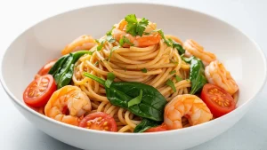 A bright bowl of spaghetti with shrimp and cherry tomatoes, an example of delicious low fodmap pasta recipes