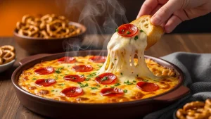 An enticing close-up of a hot, bubbling ranch pizza dip in a rustic baking dish on a wooden table. A hand pulls a baguette slice from the dip, creating a long, gooey cheese pull. The dip is topped with golden-brown melted cheese, crispy pepperonis, and fresh parsley, with steam rising. Blurred pretzel crisps are in the background.