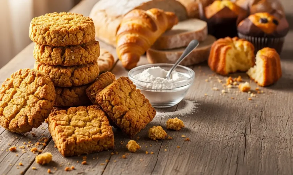 A close-up of a stack of golden brown Anzac-style biscuits next to a bowl of white flour, for a post discussing if Anzac Biscuits are gluten free